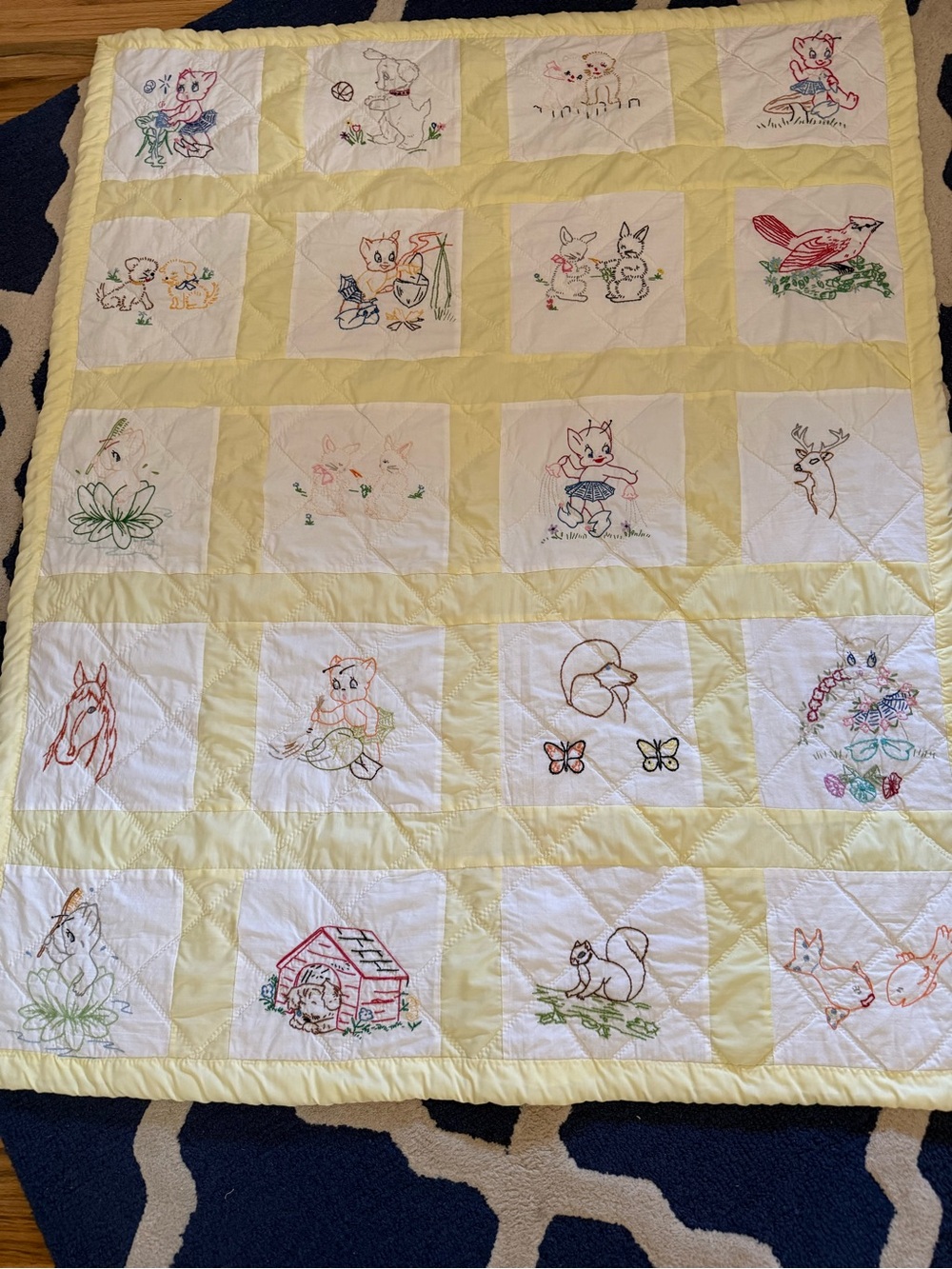 Hand-Embroidered Yellow & White Baby Quilt - Vintage Animal Blocks